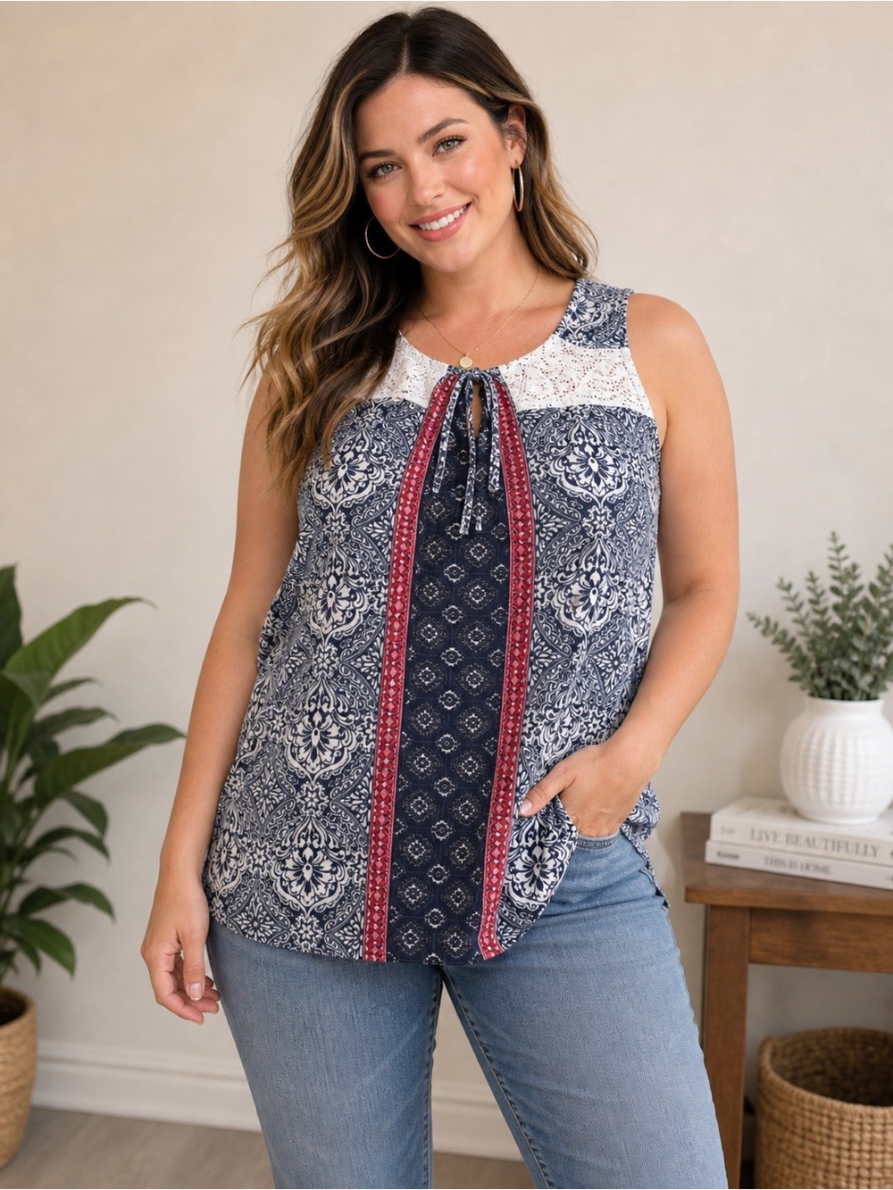 Westport 1962 Boho Tank TopLace Yoke Navy Red Flowy Tunic. Size 2x